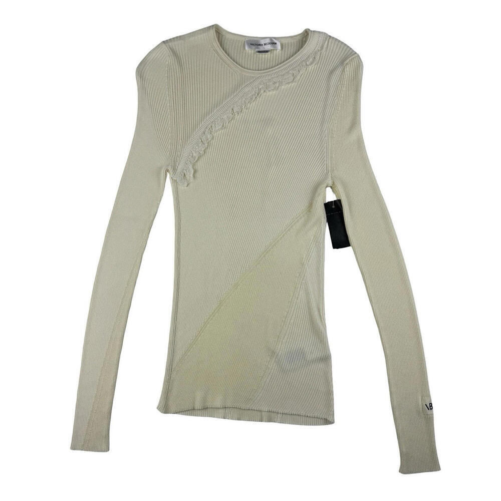 Victoria Beckham Ruffled Ribbed Knit Sweater Top Yellow Size M